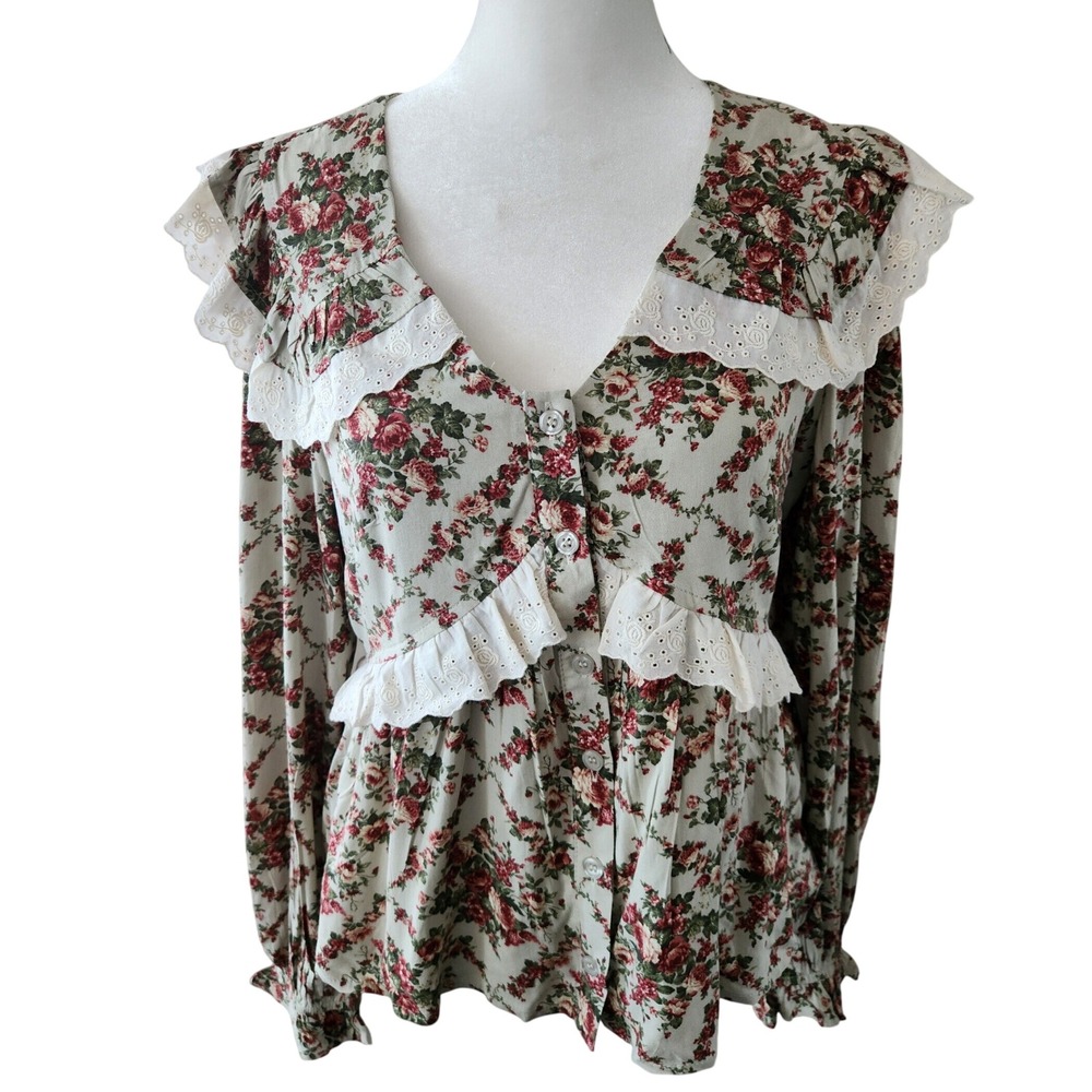 Cottagecore Coquette Romantic NWT Floral Ruffle Top Sage Eyelet Lace W Sz:S